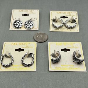 4 Pair Ear Sense Hypoallergenic Earrings / Silver Tone Hoops Dangle Nickel Free